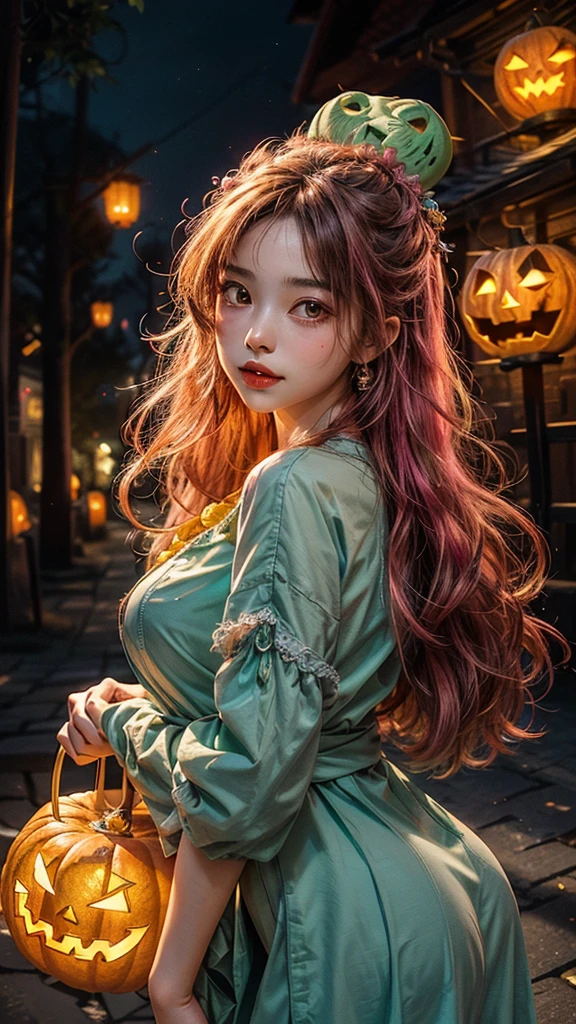 (​masterpiece、top-quality、top-quality、Beautifully Aesthetic:1.2)、girl with pink long hair, (((Cute Shining Jack Lantern Head Girl)))、((I can't see the girl's face))、halloween night、highly detailed、colourfull、highestdetailed, centered image, midshot