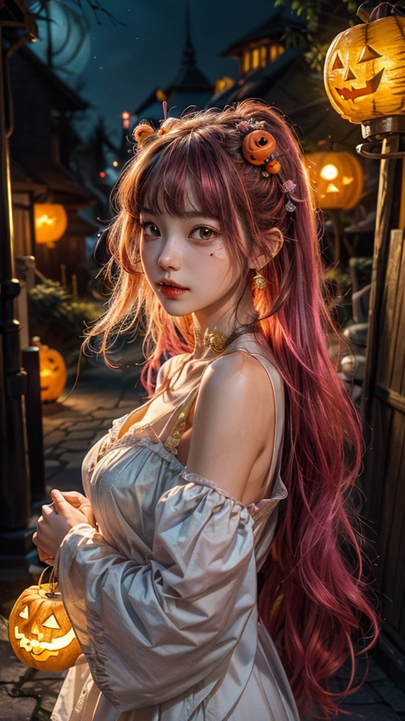 (masterpiece、top-quality、top-quality、Beautifully Aesthetic:1.2)、girl with pink long hair, (((Cute Shining Jack Lantern Head Girl)))、((I can't see the girl's face))、halloween night、highly detailed、colourfull、highestdetailed, centered image, midshot