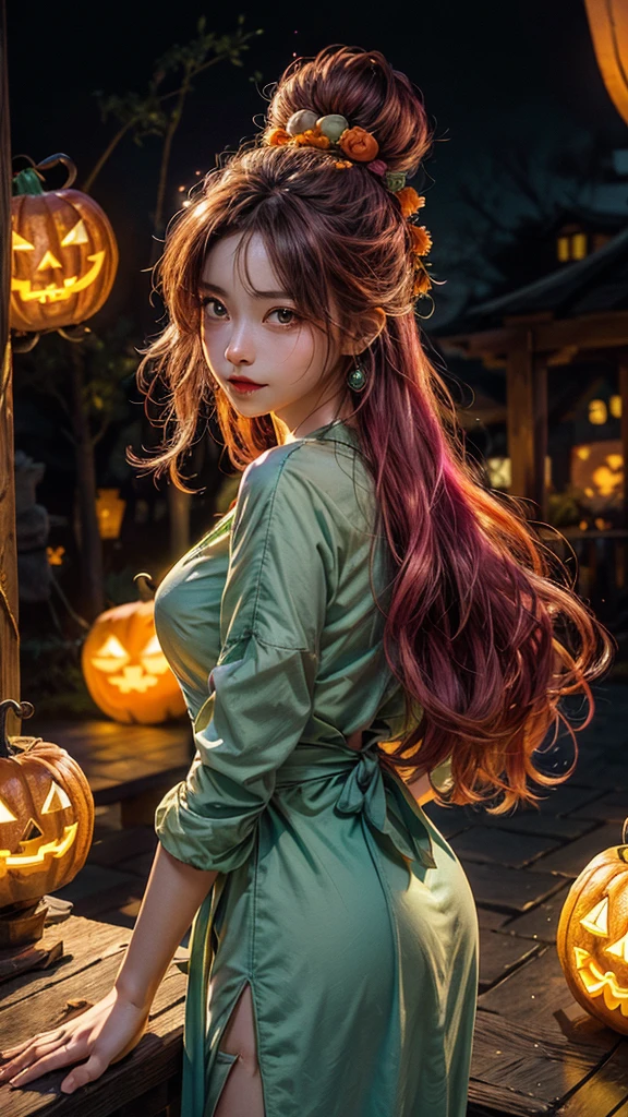 (masterpiece、top-quality、top-quality、Beautifully Aesthetic:1.2)、girl with pink long hair, (((Cute Shining Jack Lantern Head Girl)))、((I can't see the girl's face))、halloween night、highly detailed、colourfull、highestdetailed, centered image, midshot