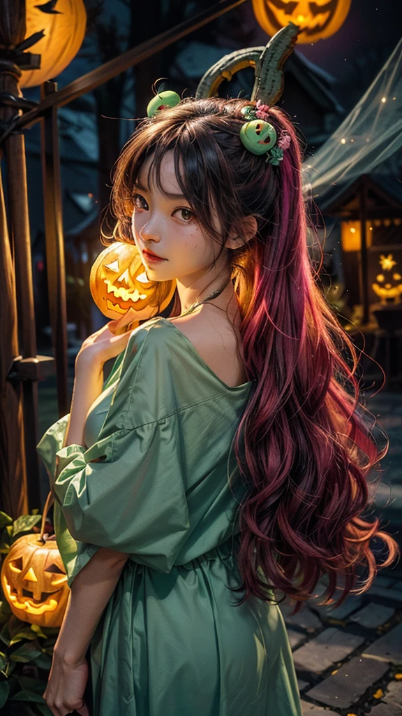 (masterpiece、top-quality、top-quality、Beautifully Aesthetic:1.2)、girl with pink long hair, (((Cute Shining Jack Lantern Head Girl)))、((I can't see the girl's face))、halloween night、highly detailed、colourfull、highestdetailed, centered image, midshot