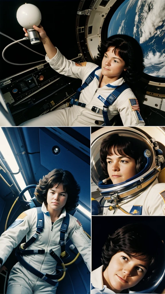 A montage of Sally Ride working inside the Challenger, conducting science experiments in zero gravity.