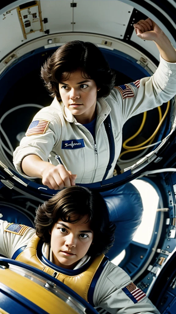 A montage of Sally Ride working inside the Challenger, conducting science experiments in zero gravity.