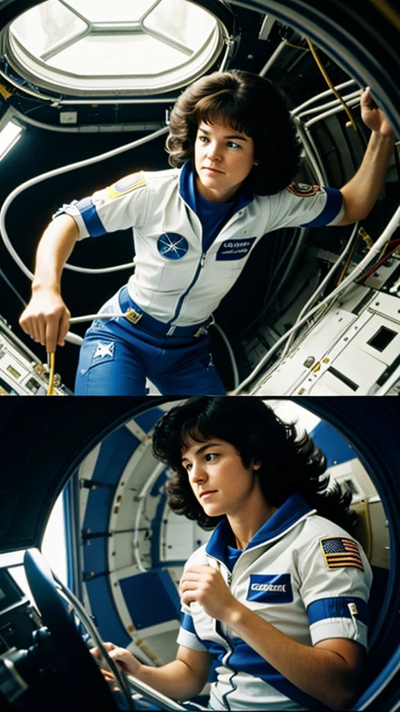 A montage of Sally Ride working inside the Challenger, conducting science experiments in zero gravity.