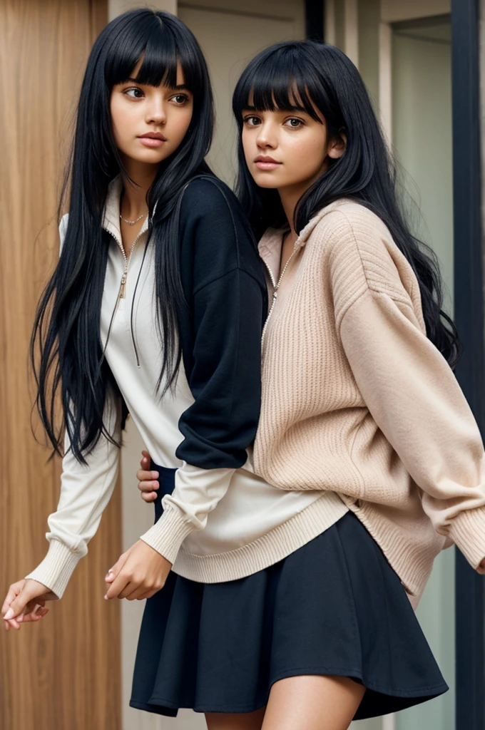A girl with olive skin, long wavy black hair, fringe to the left side, dark haggard eyes, white shirt and navy blue zip-up college sweater, with a gloomy look, a little tall with another girl with ivory skin, short straight pastel pink hair with bangs, yellow eyes with a brown dress Both dancing holding hands