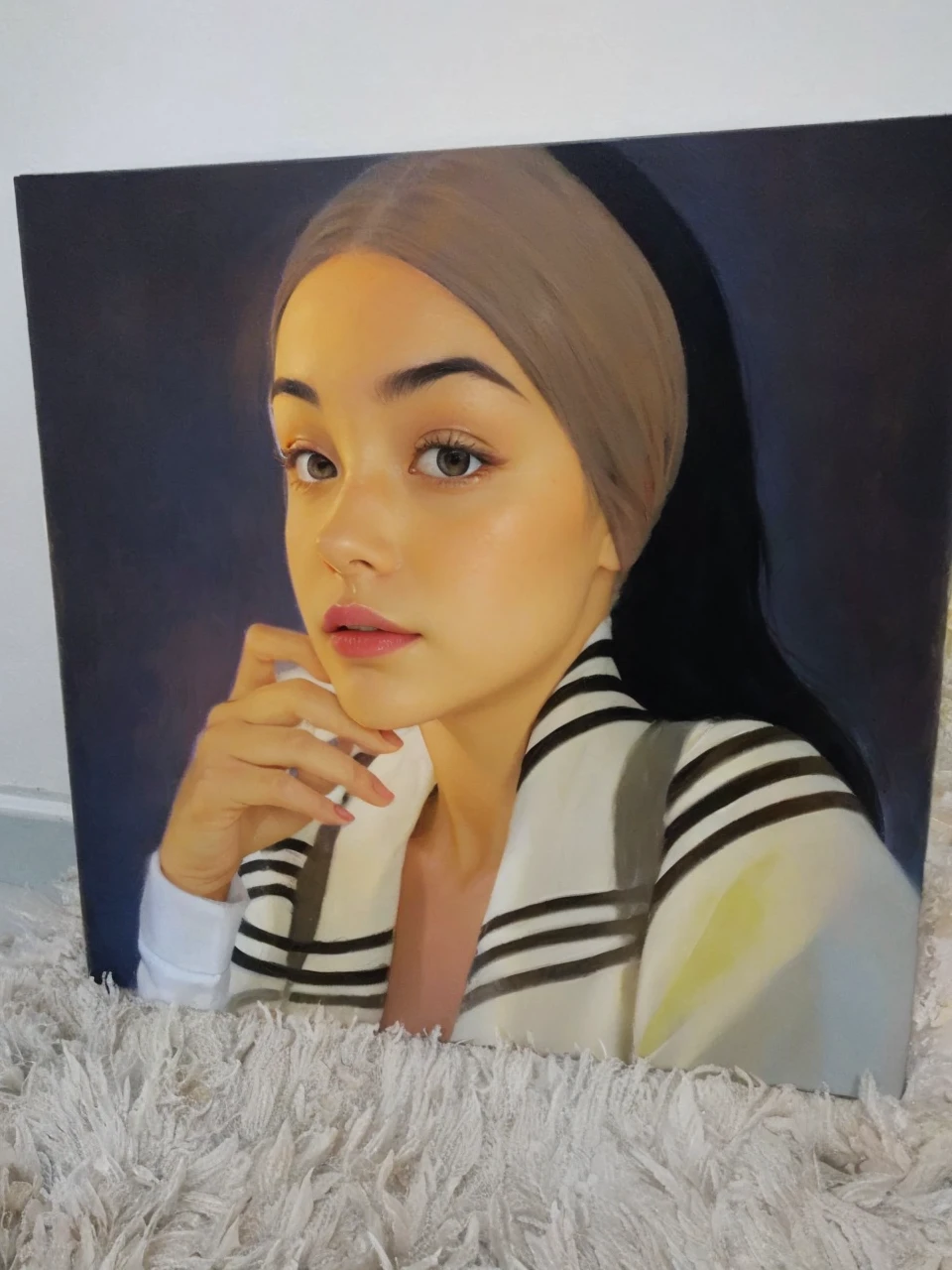 Leaves the woman with different colors like oil paint.