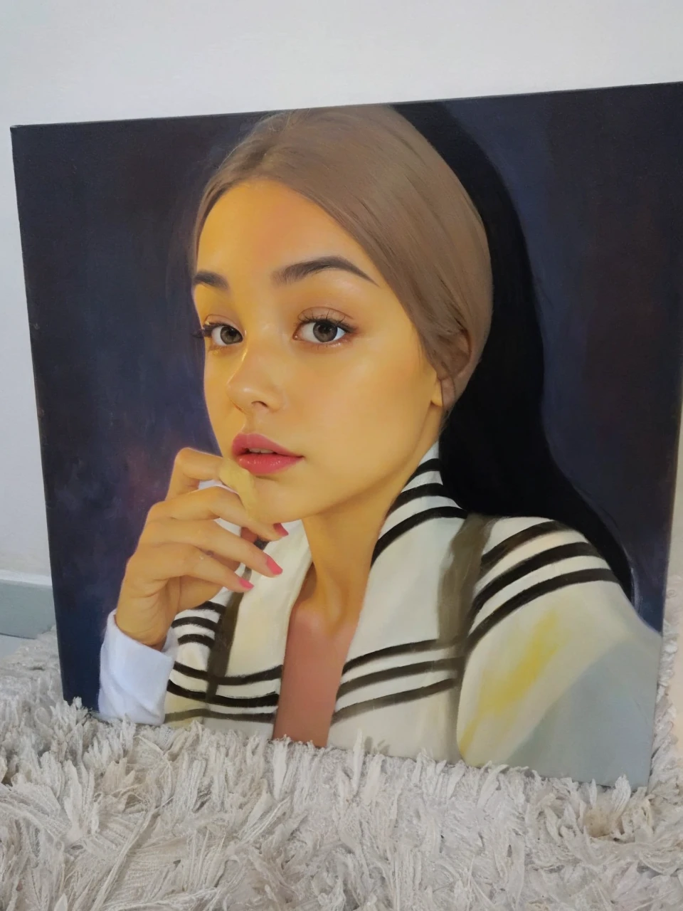 Leaves the woman with different colors like oil paint.