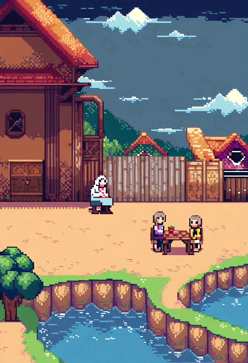 (Best Quality,high resolution), pixel art, vibrant colors, nostalgic atmosphere, Immersive gameplay, 16-bit graphics, pixel perfect controls, humble town, elderly woman, playing with his granddaughter