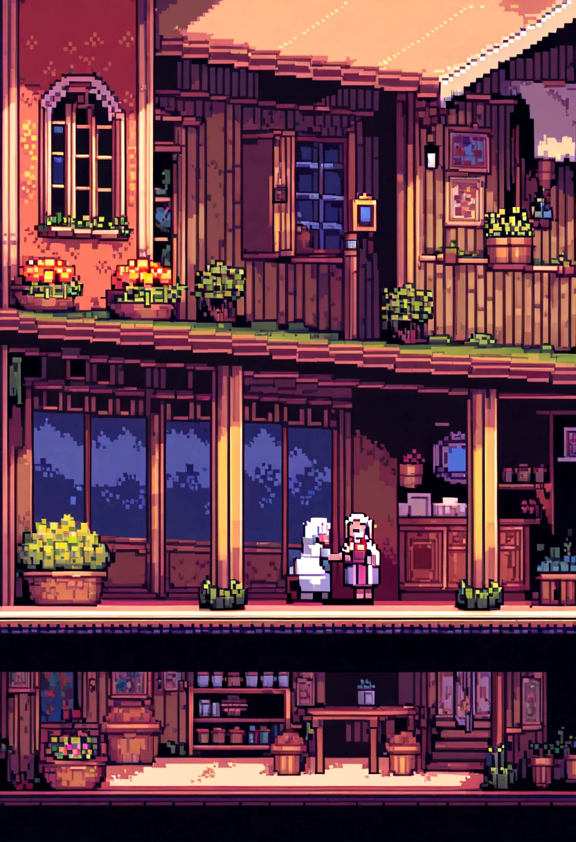 (Best Quality,high resolution), pixel art, vibrant colors, nostalgic atmosphere, Immersive gameplay, 16-bit graphics, pixel perfect controls, humble town, elderly woman, playing with his granddaughter