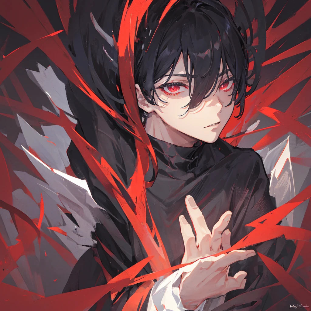 A male god，dark，Black clothes，Dark Ability，short hair，，Black-red tones，((Pure black background))