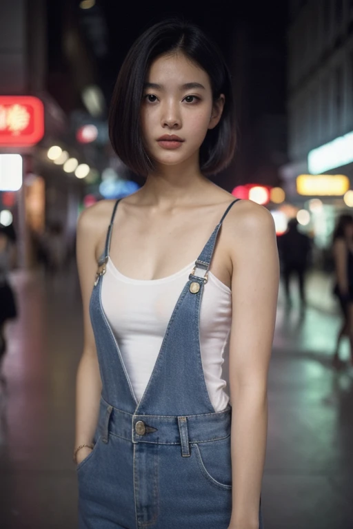 Chinese women、、 View the viewer, short hair、(Multi-tenant building),overalls、camisole , (Neon city at night), Film Grain, Rim Light, Upper Body, Close-up shot, bright、(Big Boobs)