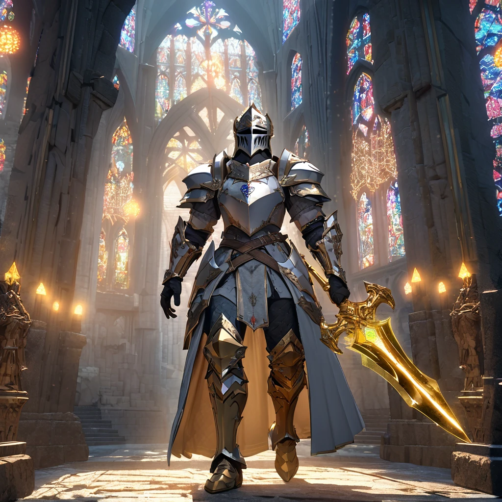 A knight in heavy white armor with golden details, golden boots, golden bracelet, holding a golden sword with sapphire, palatine style helm, in a medieval cathedral. UHD , work- prime, precise, anatomically correct, textured skin, super details, high quality, best quality, 8k, high resolution, bokeh effect. neon effect golden, (knight solo ).