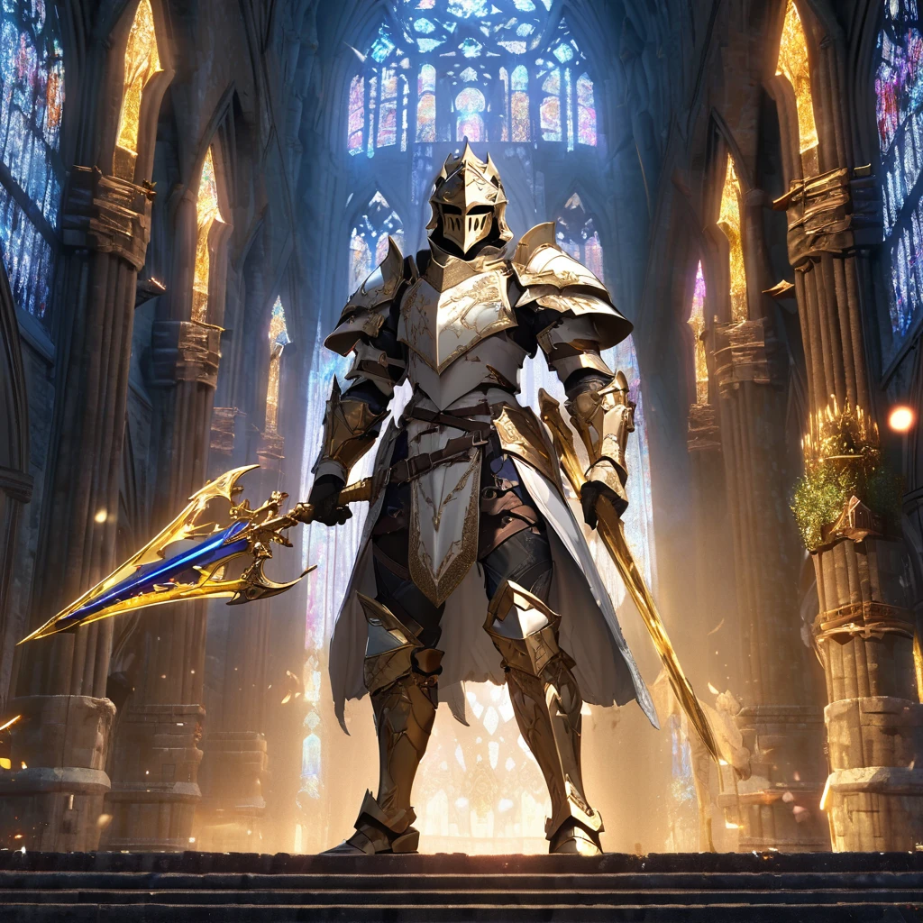 A knight in heavy white armor with golden details, golden boots, golden bracelet, holding a golden sword with sapphire, palatine style helm, in a medieval cathedral. UHD , work- prime, precise, anatomically correct, textured skin, super details, high quality, best quality, 8k, high resolution, bokeh effect. neon effect golden, (knight solo ).
