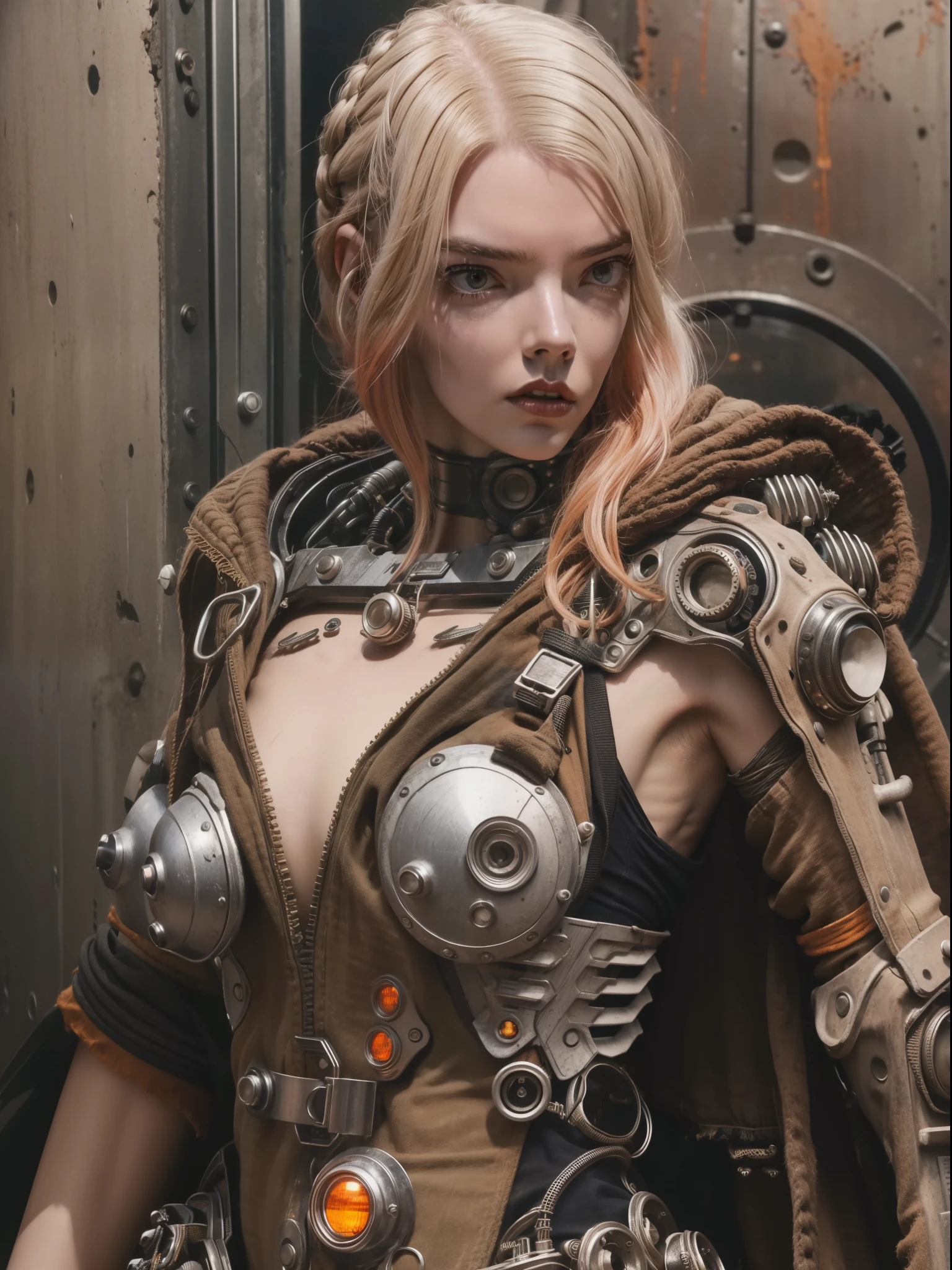 A highly detailed and realistic skull girl,( Anya. Taylor Joy) cyberpunk character, mad max furiosa, one hand robot, cyborg arm, orange hair, dramatic metal heavy rock theme, best quality, 8k, hyperrealistic, photorealistic, extreme detailed painting, studio lighting, vivid colors, dark moody atmosphere, cinematic, dramatic pose, intricate mechanical details, glowing energy effects, intense gritty textures, seamless integration of organic and inorganic elements. Wearing the used clothes of a wastelander. Background: An apocalyptic wasteland. Dusty and depressing.