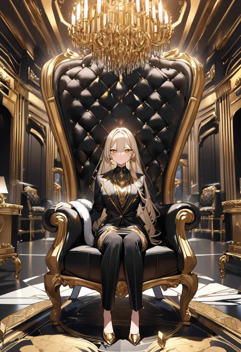 best quality, 2.5D, delicate and dynamic depiction, flashy, luxurious and tasteless president's chair, power, money-grubber, pure gold desk and chair, pure gold room interior, pure gold furniture, pure gold ornaments