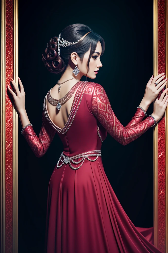 Woman dressed in crimson, diamond necklace, campaign inspired by the sign of Aries, sharp contrast, light reflection, swirly vibrant colors, HD, 真实感, cinematic light, detailed back ground, photoshot, conceptual artwork, photoshot real 3D HD, Ultra -HD, up texture, photoshotrrealista, chic, high-quality, 8K, Aries symbol logo