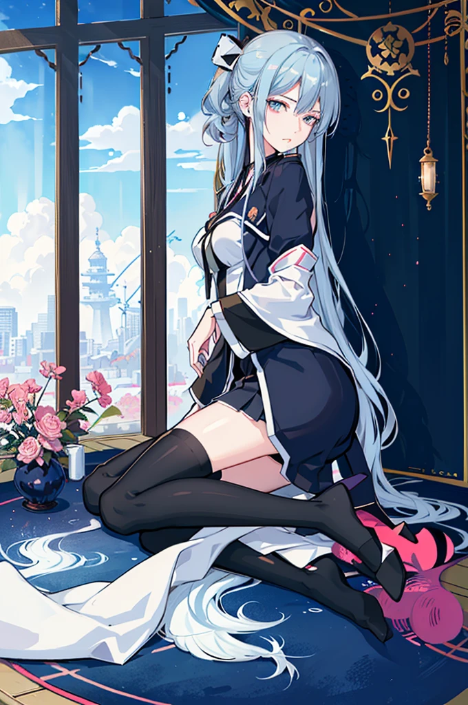 1girl,  solo, outdoors, long hair, holy place, Original,(Illustration:1.1),(Best Quality),(masutepiece:1.1),(the Extremely Detailed CG Unity 8K Wallpapers:1.1), (Colorful:0.9),(mid-shot:0.95),(extremely detailed beautiful face),(Solo:1.2), (girl),(((Lori))), (Detailed beautiful eyes:1.15), (Beautiful face:1.15), (Glowing blue eyes:1.25////),(((sky blue Long Hair))),(two side up),(+perfect hand+:1.21),(Draw illustration of Japan priestess costume),(slender),(White pleated skirt),(Gothic),((black thighhighs)),(frilld),(Beautiful Slender Lolita Girl),hallowween,standing, girl,,  girl,foggy place,vampire,sky blue hair,((full body,whole body)),((black thighhighs)),((black thighhighs)),((full body,whole body)),((full body,whole body)),((full body,whole body)),