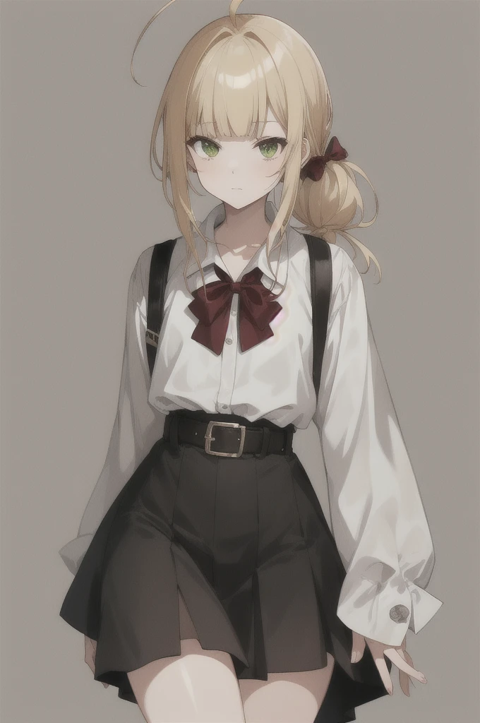 score_9, score_8_superior, score_7_superior, sauce_anime,
One girl, View your viewers, Portraiture,
Norn_Greyrat, bangs, Blonde, Long Hair, Yellow-green eyes, Ahoge, Side Lock, blunt bangs, Hair flap, Low Ponytail,ars old,
Long sleeve, Red bow tie, White shirt, , belt, ,
break masterpiece ,8k unity wallpaper,anime key visual,highest quality, High resolution,  (shape:0.8),anime coloring,
highly detailed face, detailed eyes,growing eyes,shiny skin,fine skin,white skin,dense skin,detailed hair,highly detailed legs,
perfect lighting, Detailed CG, 
(perfect hands, perfect anatomy),High resolution,
Break slender limbs, delicate curves, dainty hands,figure:0.8,