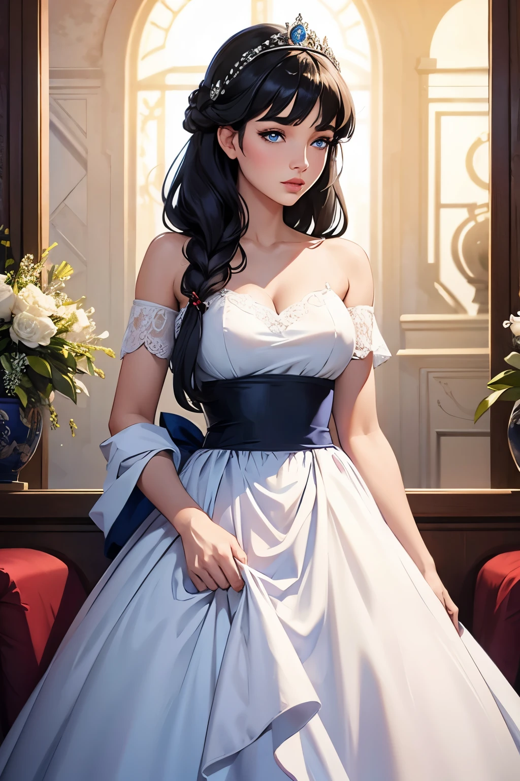 A beautiful and beautiful young princess with black hair and blue eyes, she is wearing her beautiful long white dress