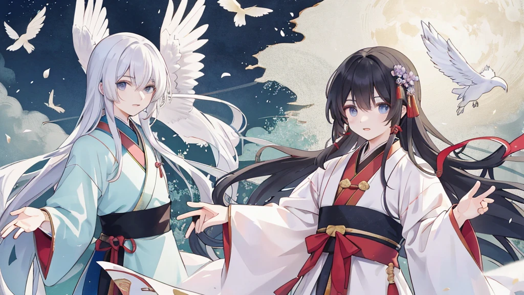 Two oriental men in gorgeous Hanfu，Long hair flying，Immortal's Appearance，Full body medium shot，Staring at each other firmly，Ethereal beauty，Heavenly Wonderland，The palace gardens shrouded in mist，Soft lighting，Exquisite details。 Traditional Chinese illustration style, The art of math, Dreamy background, masterpiece, best quality, Extremely detailed, high quality, 4K