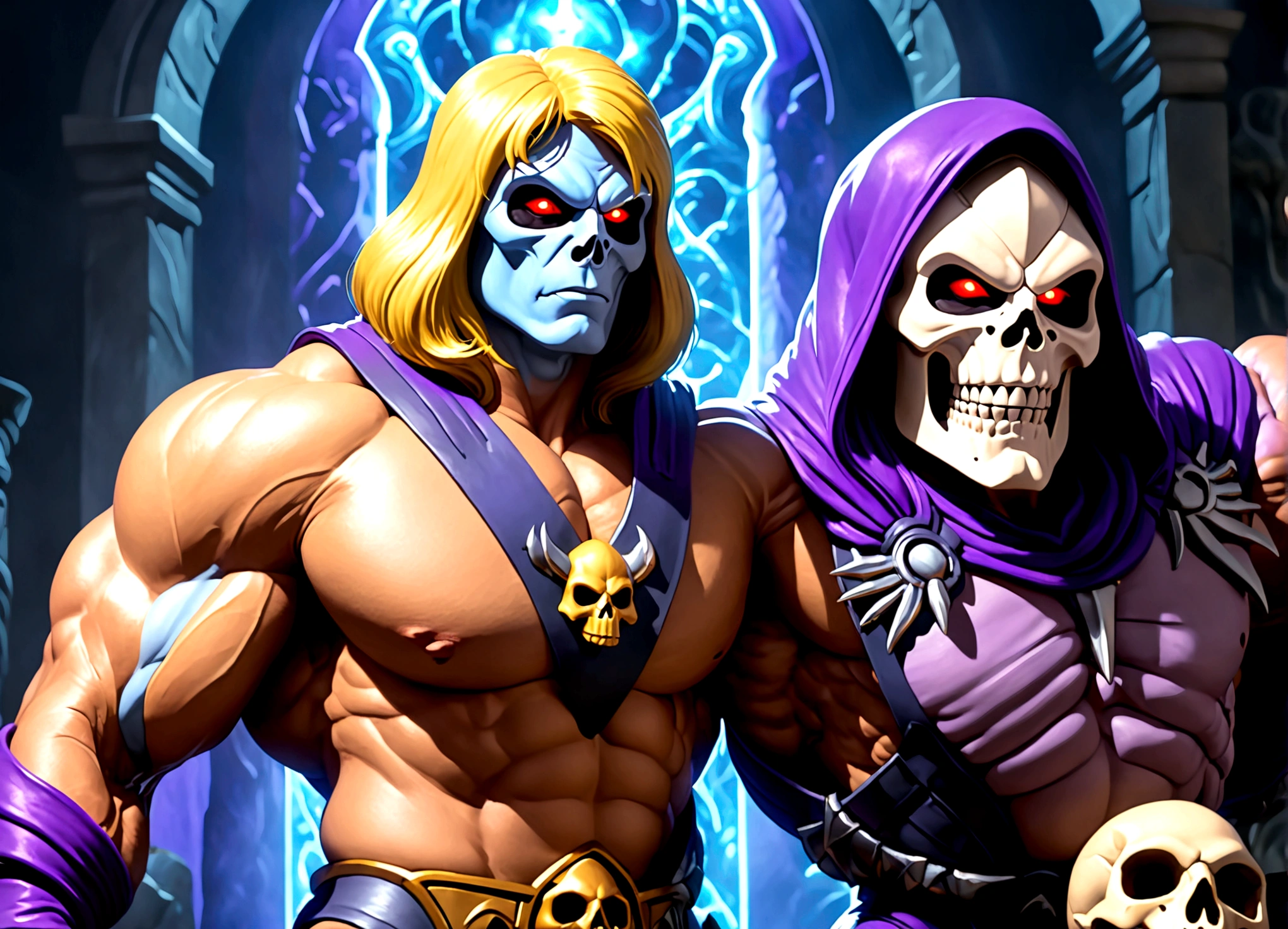 (muscular man in a heroic pose, long blonde hair, powerful physique, (He-Man:1.4)), ((Skeletor:1.4), skeletal villain with glowing eyes, throne of dark energy, Snake Mountain, evil lair, glowing mystical energy), scolding evil minions, (dramatic lighting:1.2), (cinematic composition:1.2), (intricate details:1.3), (epic fantasy:1.4), (digital art:1.2), (concept art style:1.2), (highly detailed:1.4), (8k, photorealistic, award-winning)