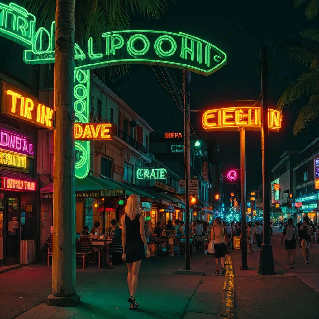 Tropical night summer Neon Light Bustling downtown Blonde gal