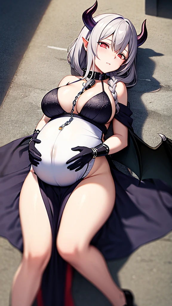 (((Masterpiece))),(((Best quality))),((Super detailed)),(illustration),Pregnant,pregnancy,spawning,Many tentacles wrapped around the body,Iron gloves,There is a chain attached collar around the neck,Empty eyes,Weak movements,Hands tied by tentacles,Take off half of the shawl,Dull eyes,,Succubus wife lying on the ground,No shoes,Long straight white hair,Biggest Breasts,The demon tail is cocked,Devil's wings on the back