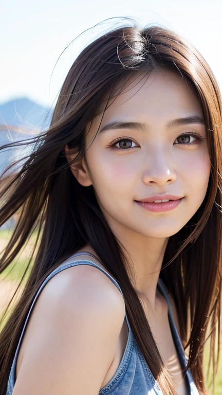 (((Close-up of face)))、(((Brown hair straight)))、(((She is posing like a hair salon model with the Karuizawa plateau in the background.)))、(((She is wearing casual clothes suitable for early summer.。The shoulders are hidden)))、(Natural laughter:1.25)、Half Japanese, half Korean、18 year old girl、Standing Alone、Looking forward、Light eye makeup、Brown Hair Color、Flat and 、Hair blowing in the wind、Actress Quality、Glossy, ultra-realistic face、Smiling face、Watery eyes、Gazing Up、Subtle lighting effects、 Ultra-Realistic Capture、Very detailed、High resolution 16K close up of human skin。Skin texture must be natural、The details must be such that pores can be clearly seen、The skin is healthy、Uniform tone、Use natural light and colors、A worn-out, high-quality photo taken by a model agency's in-house photographer.、smile、(((SIGMA 300 mm F/1.4,1/1000 sec shutter,ISO 400)))、The background is F value 1..4 is blurred