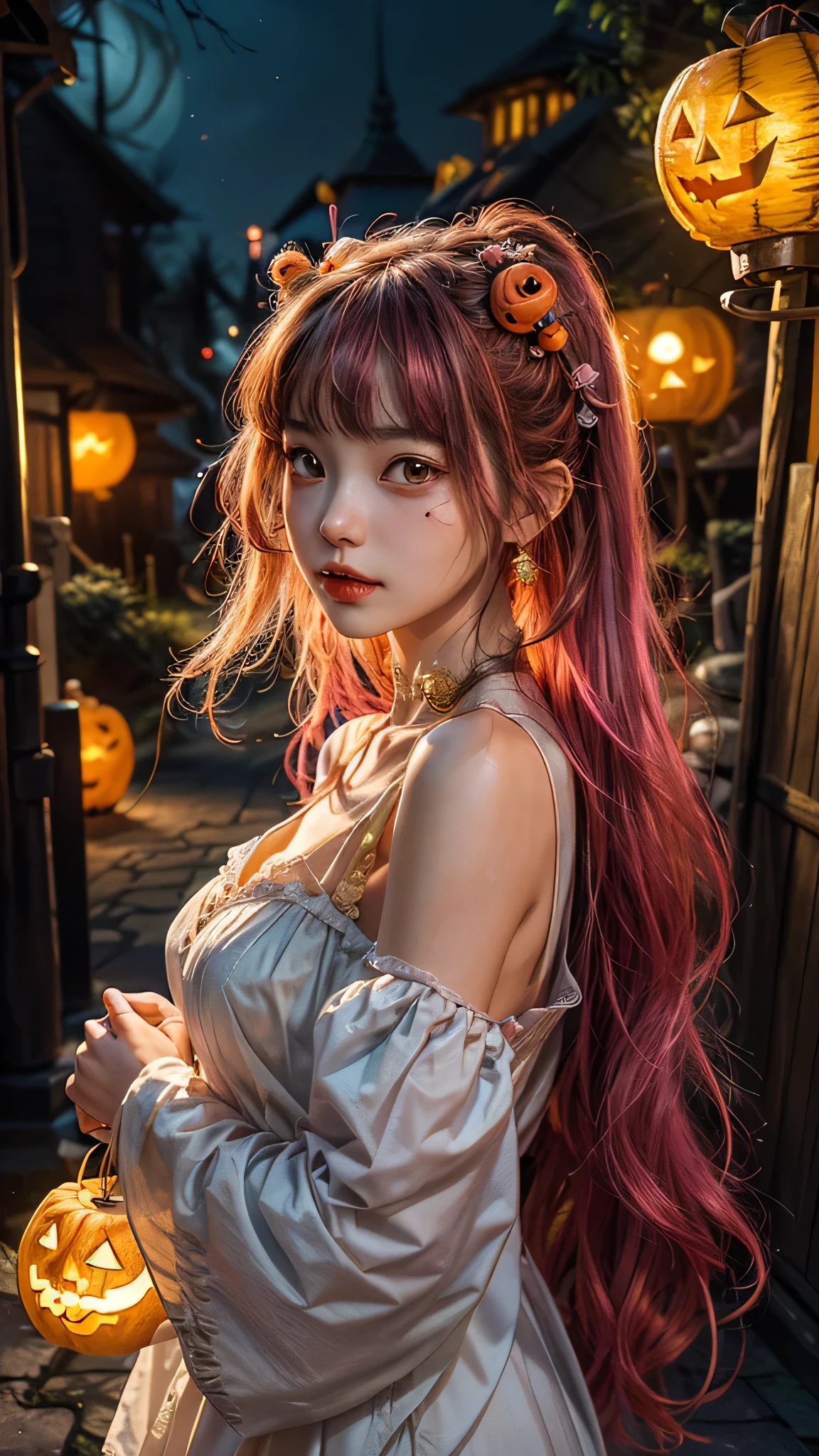 (​masterpiece、top-quality、top-quality、Beautifully Aesthetic:1.2)、girl with pink long hair, (((Cute Shining Jack Lantern Head Girl)))、((I can't see the girl's face))、halloween night、highly detailed、colourfull、highestdetailed, centered image, midshot
