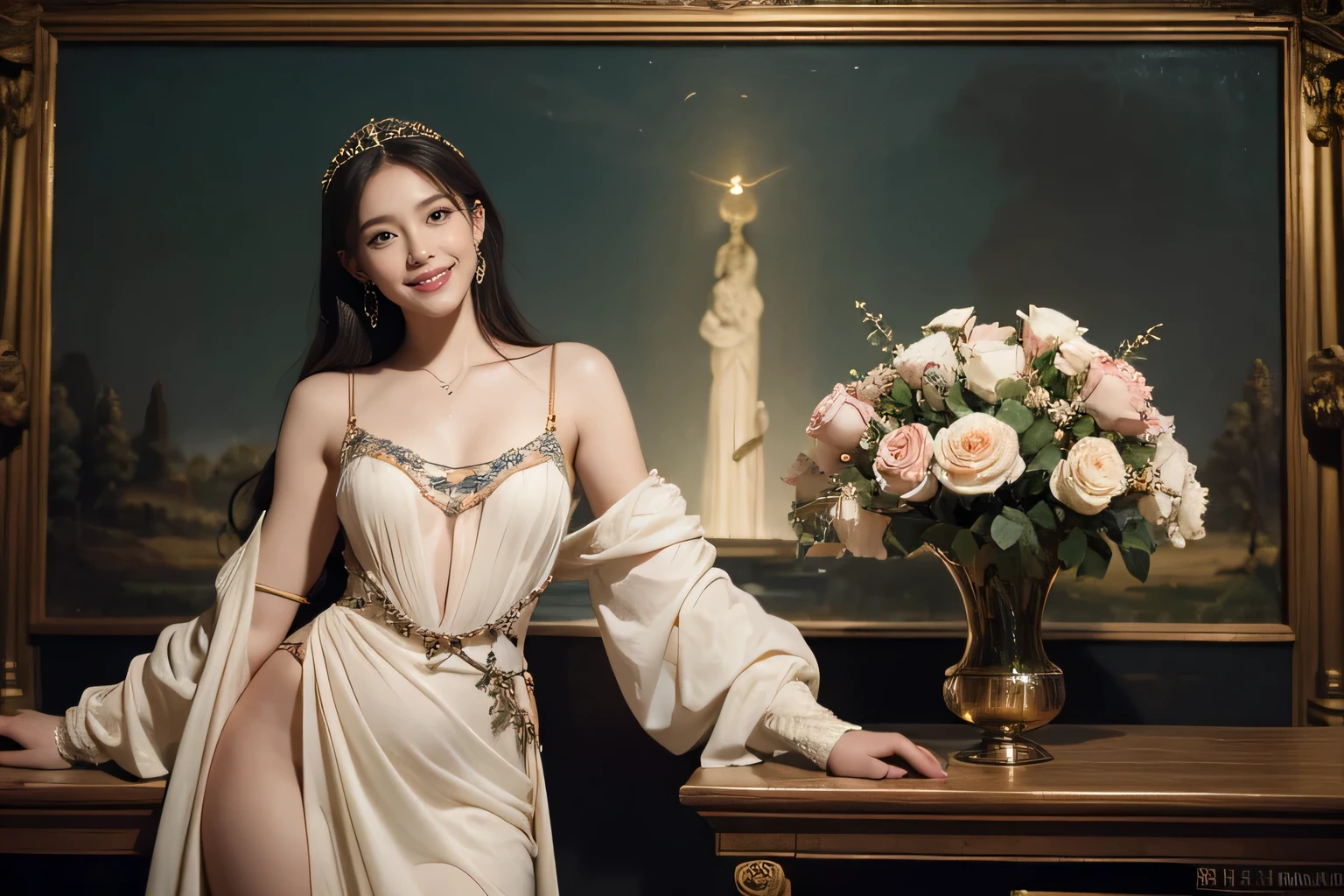 Giorgione painting style,Arguments of two female Philosophe,math、astronomical machine、astronaut、roses in vase、fruits、Cute trinkets、smile、ancient greek costume、Background is a forest lake at night 、Clothes that stretch your shoulders、A big smile、beautiful bare skin、A detailed representation of the seducing woman throughout her body.sexy,erotic smile