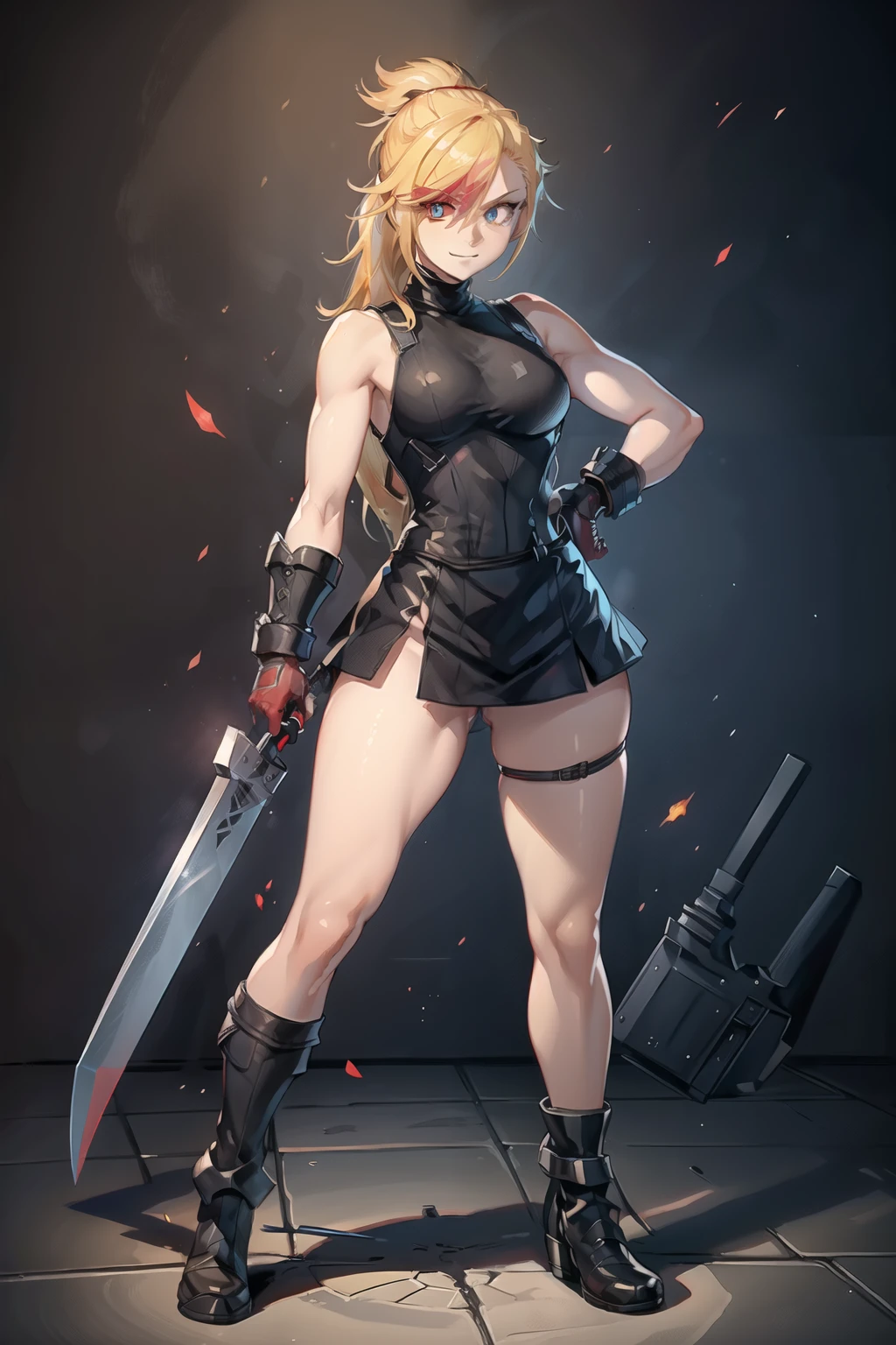 (masterpiece, best quality:1.2), red glowing eyes, perfect face, highres, 1 girl, solo, ultra long ponytail, (female:1.5), strife, blonde hair, shoulder armor, sleeveless turtleneck, suspenders, belt, gloves, bracer, evil smile, standing, portrait, looking at viewer, giant sword on the back, long leather boots, fullbody shot