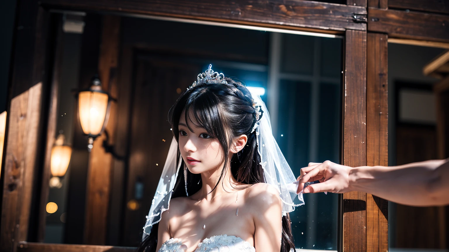 look up, 8K, masterpiece, Most detailed, Highest quality, bus, create a sense of fit, Cute Girls,Side Tail, (Wet),moonlight,((wedding)),pubic hair,Veil,(((bride))),((show off)),(ふっくらとしたNipples),Ecstatic expression,Outdoor,White lace,Nipples,Bright lighting,Ample breasts,Saggy breasts,Hime cut,