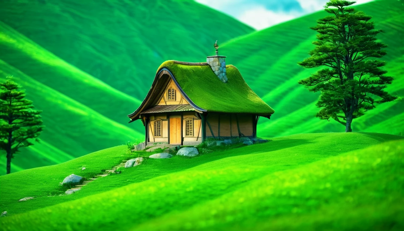 (anime, fantasy), (best quality, high resolution, depth of filed, HDR:1.2), (a humble small house in the hill, overlaying hill, trees, green), A mesmerizing fantasy with enchanting elements blending seamlessly, fantastical landscapes, vibrant colors, majestic, magical atmosphere, beautiful, extremely detailed, intricate, delicate, serene fantasy, bokeh, cinematic lighting, 8k, high quality