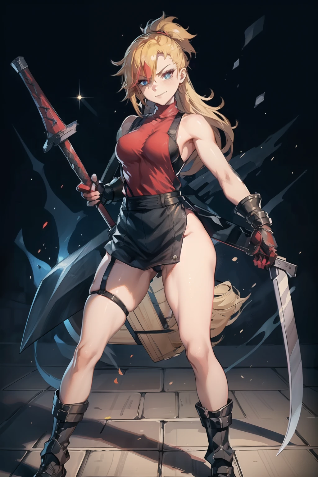 (masterpiece, best quality:1.2), red glowing eyes, perfect face, highres, 1 girl, solo, ultra long ponytail, (female:1.5), strife, blonde hair, shoulder armor, sleeveless turtleneck, suspenders, belt, gloves, bracer, evil smile, standing, portrait, looking at viewer, giant sword on the back, long leather boots, fullbody shot