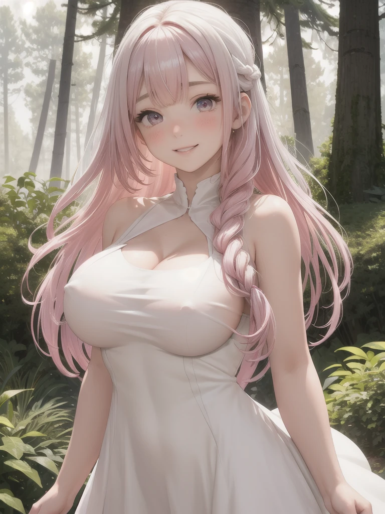 Anime-style illustrations,(Highly detailed background:1.0), (Highly detailed background:1.0), masterpiece, Highest quality, (One girl), alone, (forest), Long Hair,Braid, Pink Hair, nature, wood:1.2, Motion Blur, chromatic aberration, Depth of written boundary, Soft lighting, Highly detailed face, Highly detailed eyes, nsfw, (White dress:1.5), (Very large breasts:1.7), smile, blush,