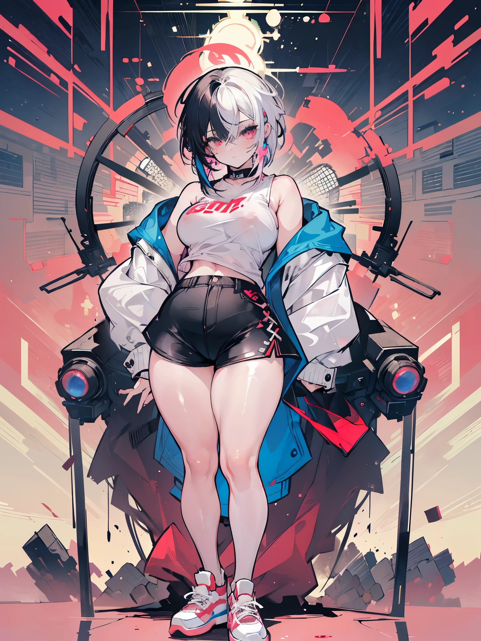 best qualityer, 4K, work of art, extremely detaild, high détail, 1 girl, standing alone, peri, blue hair with golden highlights, hair over one eye, multicolored hair, twintails, blood red eyes, two tone hair, Tank top shirt, small round breasts, nipples under clothes, ssmile, Burning city background, (((full body with thick body thighs, thick glossy pink lips, tattoo on hands, She is wearing short shorts and white high top sneakers)))