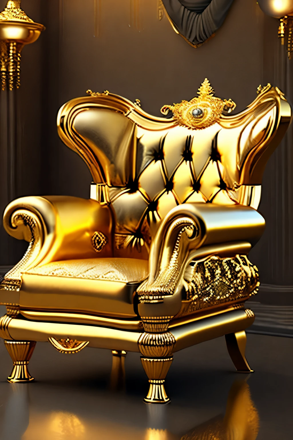 best quality, 2.5D, delicate and dynamic depiction, flashy, luxurious and tasteless president's chair, power, money-grubber, pure gold desk and chair, pure gold room interior, pure gold furniture, pure gold ornaments