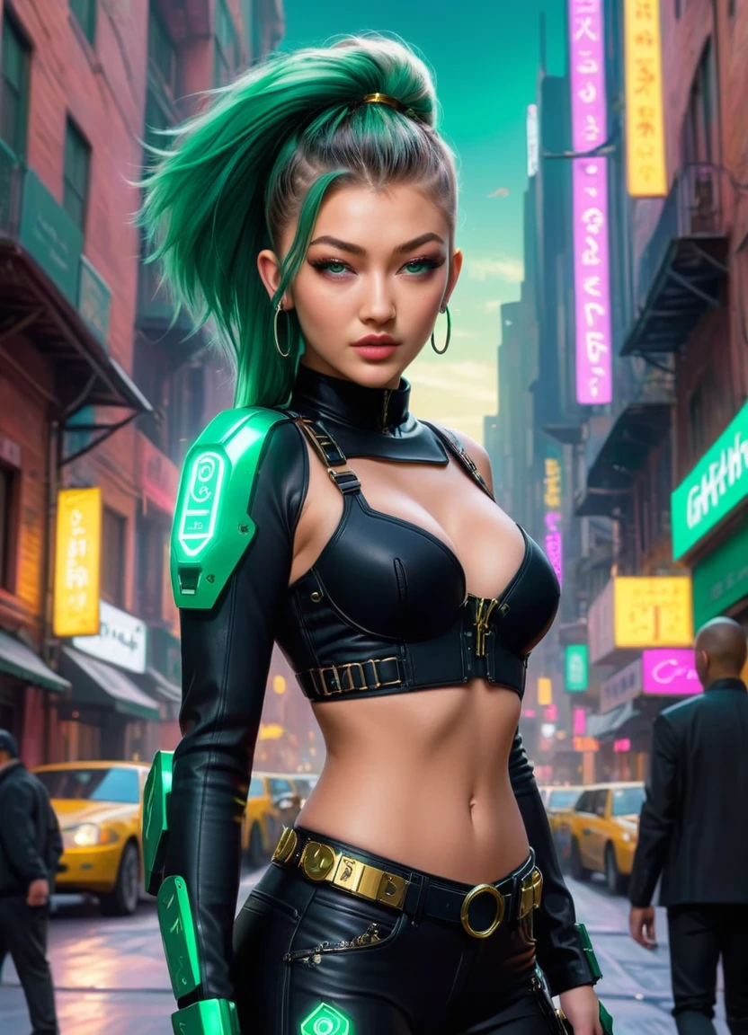 cyber punk 2077, cyberpunk woman, [ (art by John Harris:1.2) : (art by Chris Moore:1.2) :12], concept art, best quality, zoomed out of a Exquisite stout (Gigi Hadid:1.2) , wearing Emerald, Eclectic hair, Supernatural Fitbit, Algerian Braces, inside a [Apocalyptic:Romantic:7] The City of Avalon, Sunny, Digital Art, Beautifully Lit, Colorful