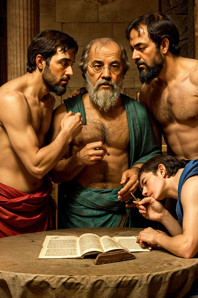 Aristotle, plato and socrates telling secrets at a table