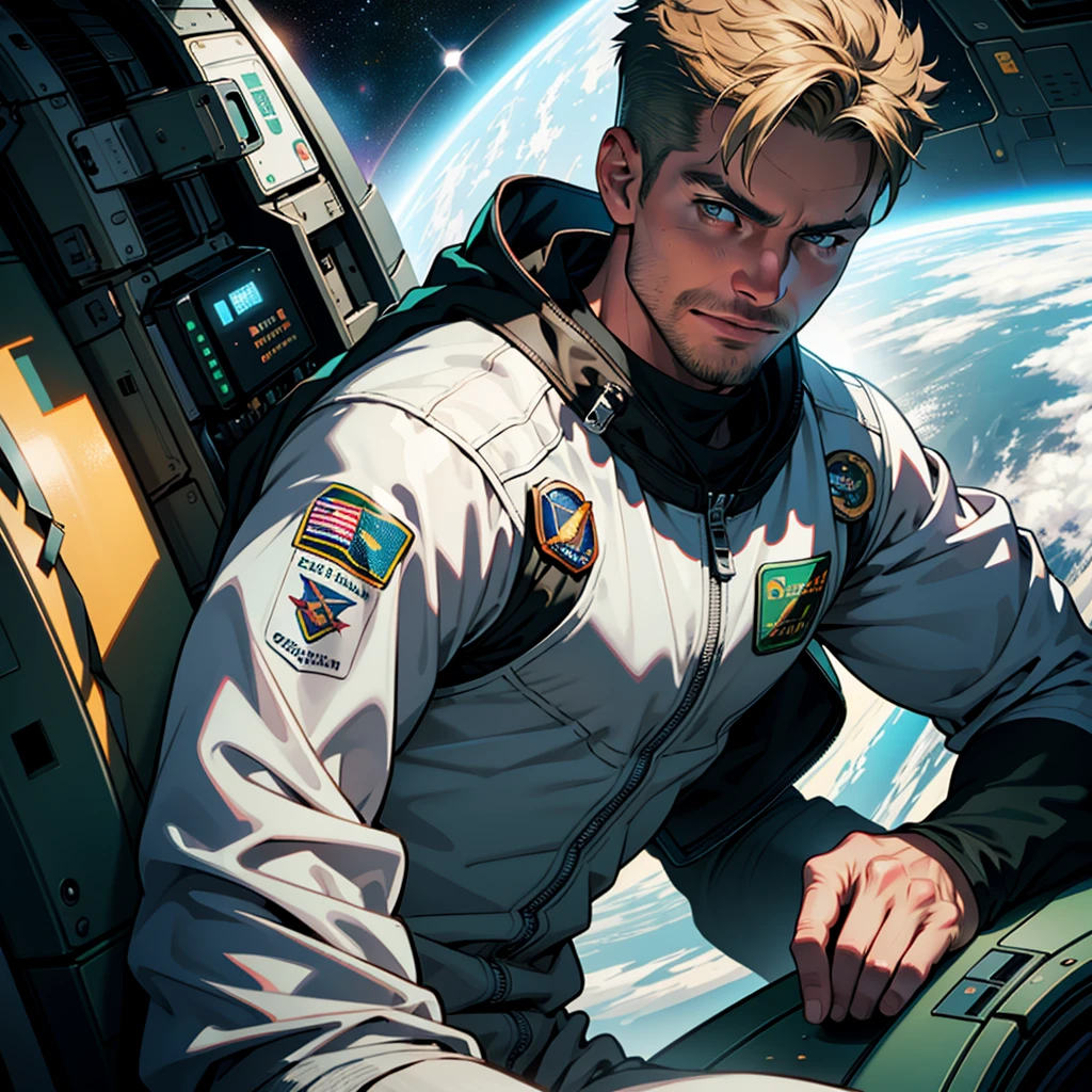 32k,masterpiece, best quality, detailed face, natural eyes,1man, solo mature man, muscled and mature, stephen amell as an astronaut wearing space suit, dark green suit, showing muscles and bulge ,floating in the space inside a space shuttle , with "arrow" text and logo on his suit , full body, intricate Detailed background