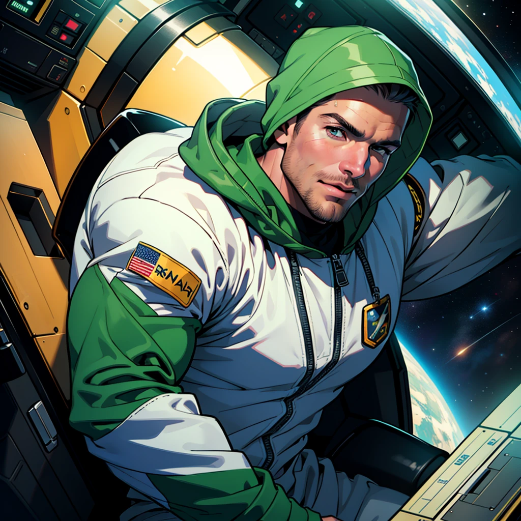 32k,masterpiece, best quality, detailed face, natural eyes,1man, solo mature man, muscled and mature, stephen amell as an astronaut wearing space suit, dark green suit, showing muscles and bulge ,floating in the space inside a space shuttle , with "arrow" text and logo on his suit , full body, intricate Detailed background