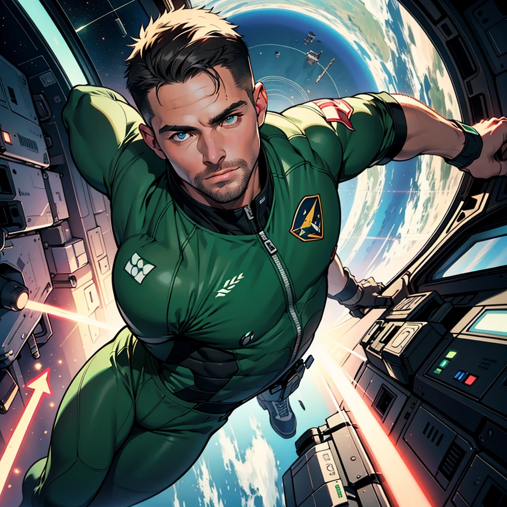 32k,masterpiece, best quality, detailed face, natural eyes,1man, solo mature man, muscled and mature, stephen amell as an astronaut wearing space suit, dark green suit, showing muscles and bulge ,floating in the space inside a space shuttle , with "arrow" text and logo on his suit ,  full body, intricate Detailed background 