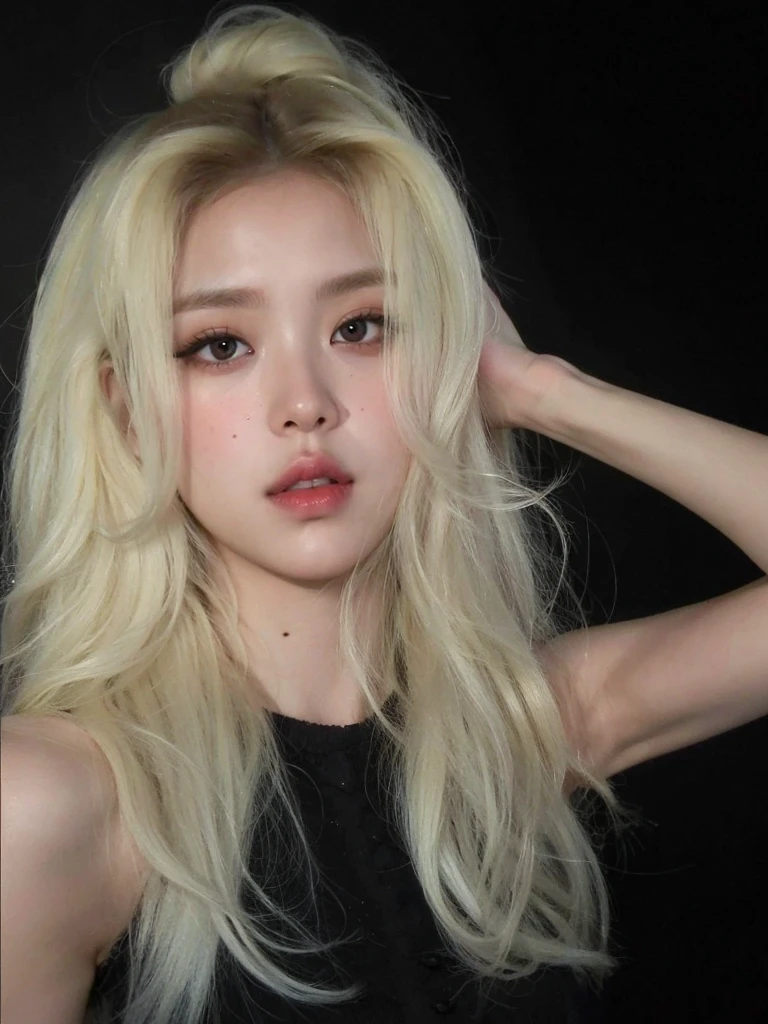 Rosé, blond hair, messy and wavy, full lips, doll lips, large eyes. 