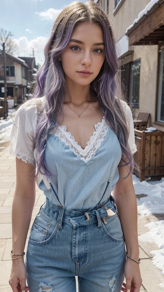 A woman with long wavy blonde hair has pastel purple and blue highlights, styled in a relaxed tousled look, she is wearing a white lace blouse with short sleeves and blue, distressed denim overalls cinched by the waist with a brown belt.her wrist is adorned with layered bracelets, adding to her relaxed stylish appearance. The image has a soft, natural lighting and a winter outdoor setting with snow in the background 