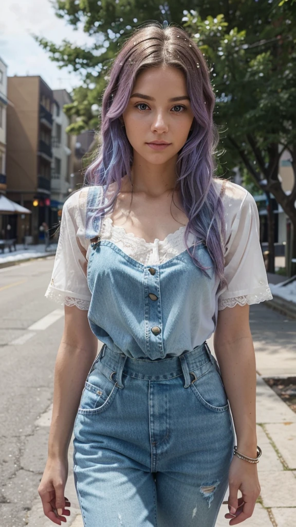 A woman with long wavy blonde hair has pastel purple and blue highlights, styled in a relaxed tousled look, she is wearing a white lace blouse with short sleeves and blue, distressed denim overalls cinched by the waist with a brown belt.her wrist is adorned with layered bracelets, adding to her relaxed stylish appearance. The image has a soft, natural lighting and a winter outdoor setting with snow in the background 