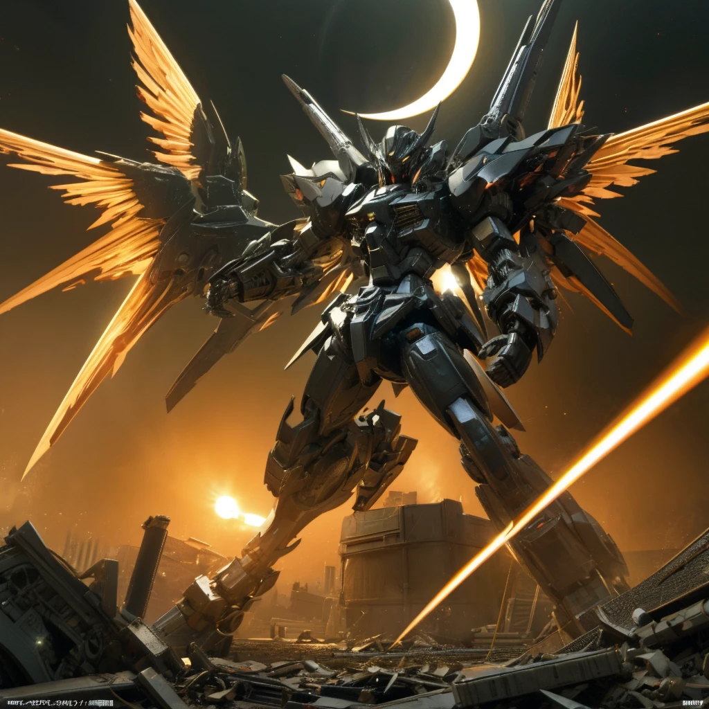 female mecha wings of angel, in black armor, in a destroyed city, the night, with an eclipse in the background