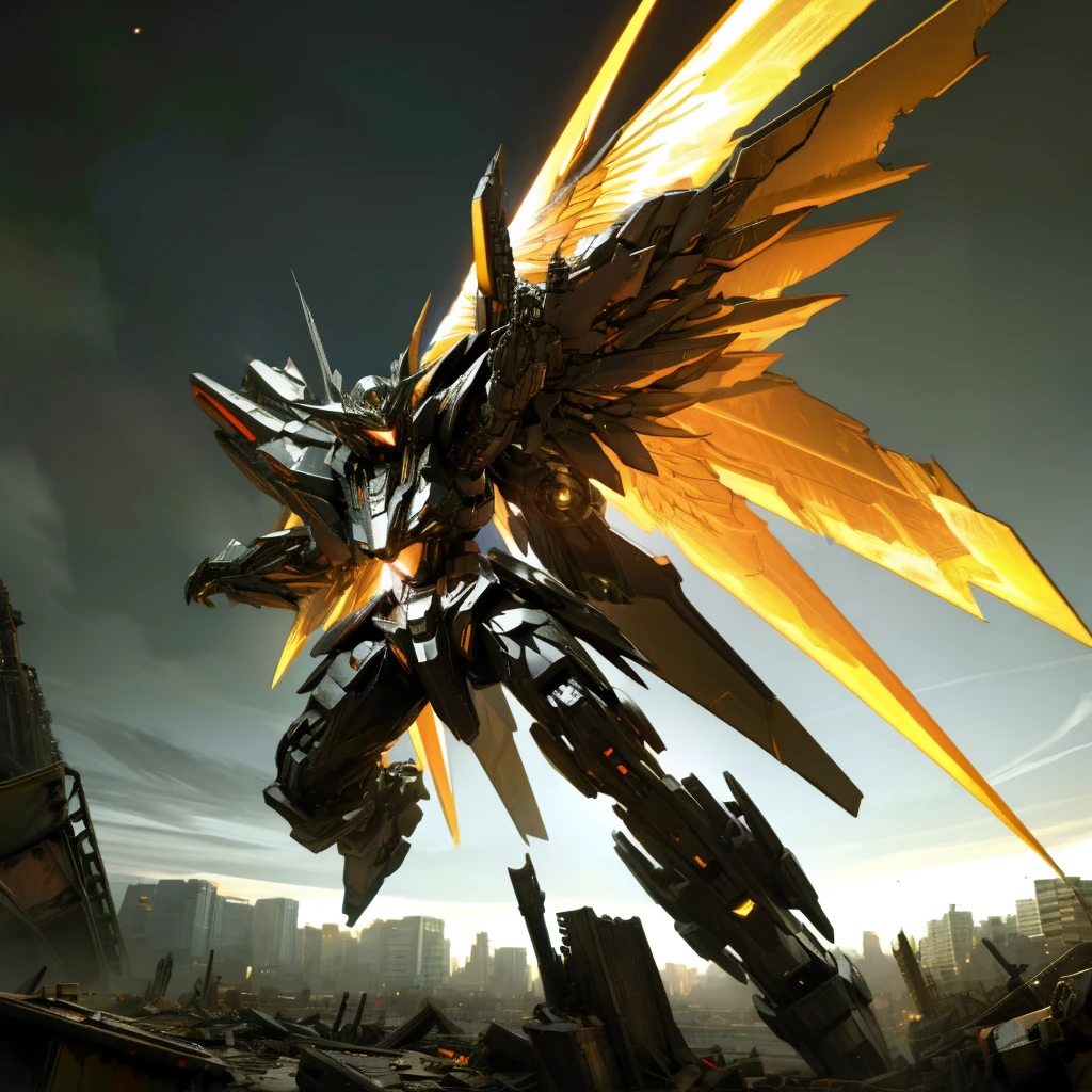female mecha wings of angel, in black armor, in a destroyed city, the night, with an eclipse in the background