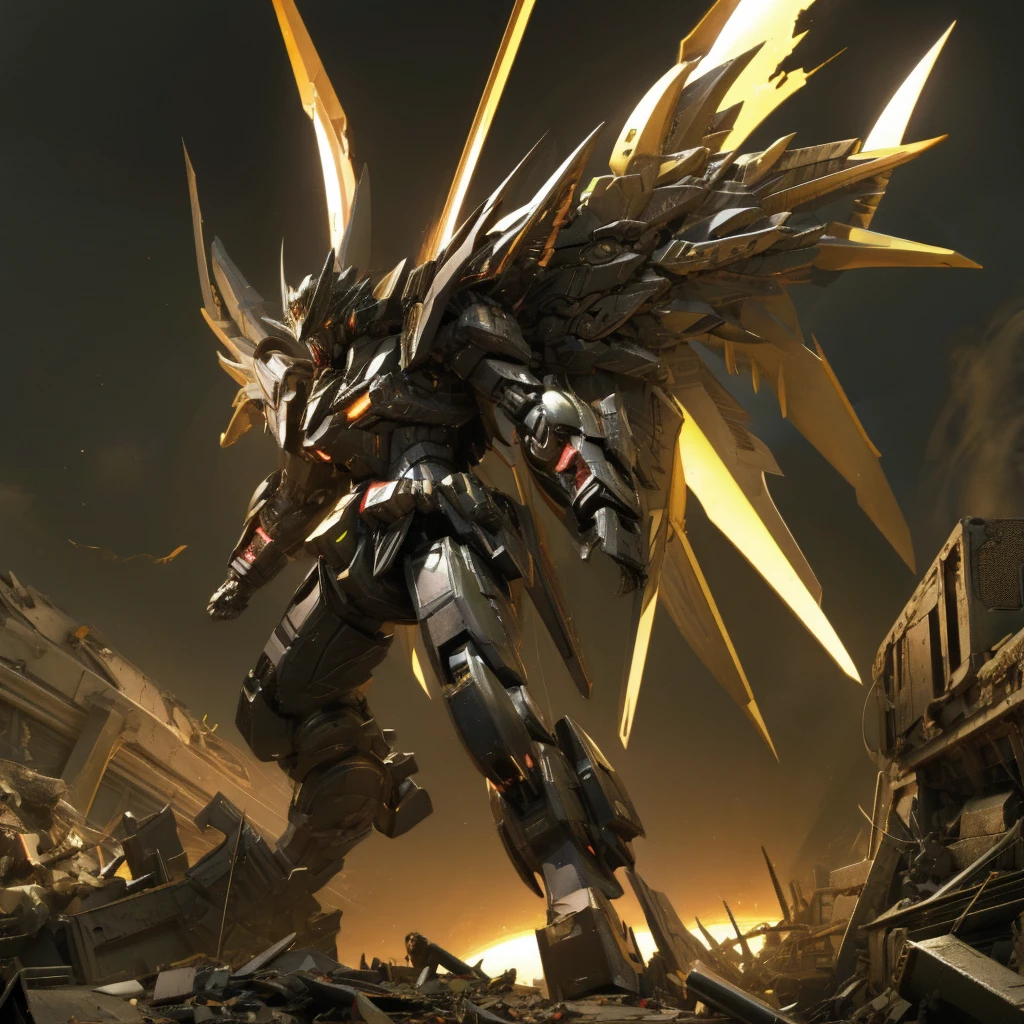 female mecha wings of angel, in black armor, in a destroyed city, the night, with an eclipse in the background