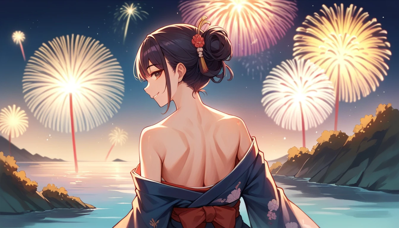 score_9, score_8_up, score_7_up, source_anime, from behind, solo, 1girl, odelschwanck, smile, looking back, random color kimono, off shoulder, bare shoulders, backboob, Fireworks