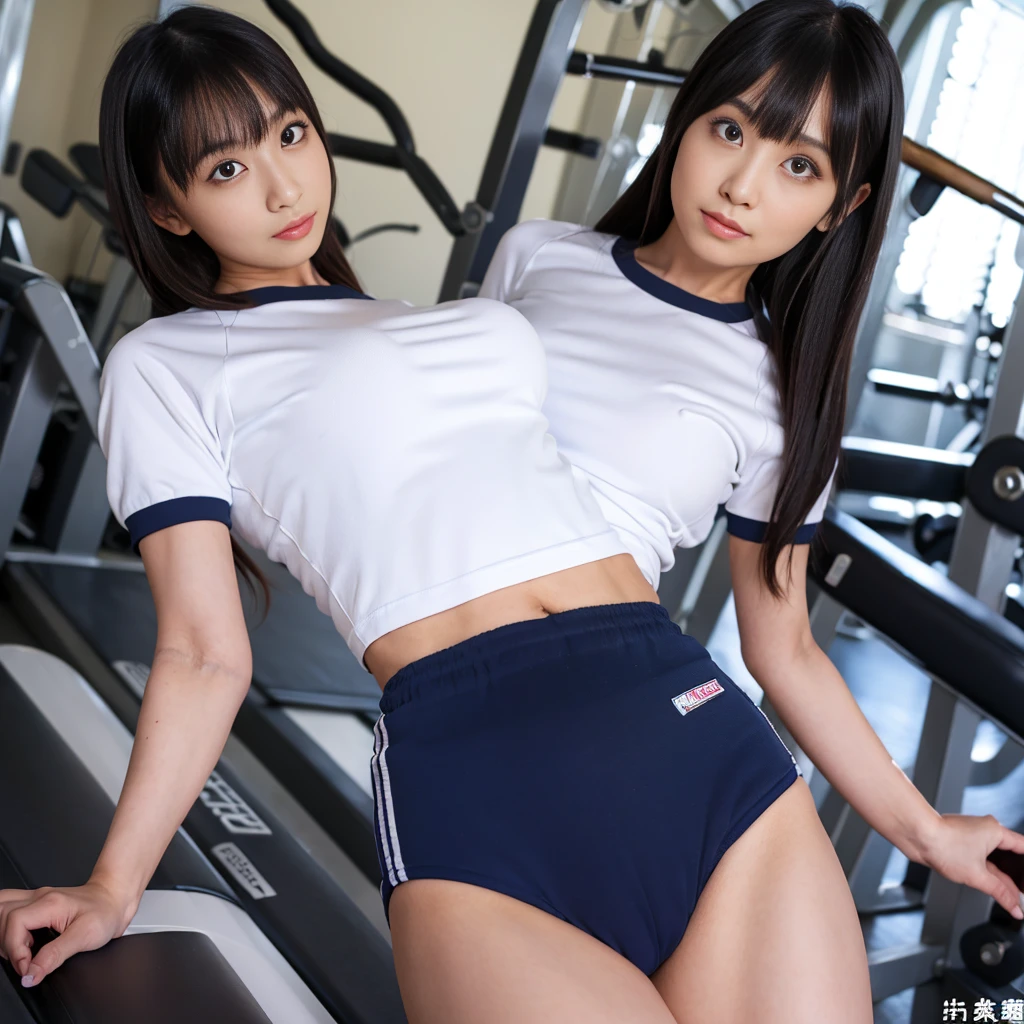 Highest quality,masterpiece,Very detailed, 8K,Beautiful 27 year old Japanese woman:1.5, Small face, blunt bangs, Breast Augmentation Surgery, ((School-designated gym clothes)), ((White gym clothes for the upper body、Long Length、Short sleeve、There is a dark blue line)), ((The lower half of the body is a tight navy blue bloomer))、 height:164cm, Live Stage、 Crucifixion