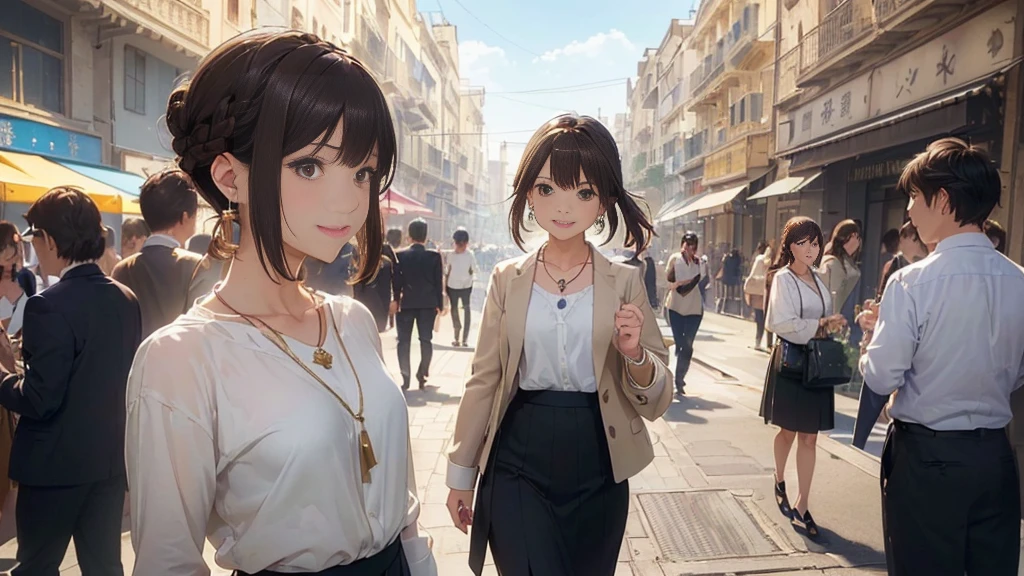 1 female、The background is a skyscraper、A busy shopping street under the railway tracks with a lot of people(Highest quality:1.2),Highest quality、masterpiece、High resolution)、、((Right beside、Woman profile、))、(Detailed depiction of a beautiful face)、Suit jacket(1.8)、Suit pants(1.8)、Suit skirt(1.8)A kind smile、Medium Short Hair、Brown Hair、(Highest quality:1.2)、Very detailed、High resolution、masterpiece:1,2、Bright colors、Bokeh、Professional Lighting、Physically Based Rendering、Flat Color:0.8、Fine Illustration、Realistic:1.37、Makoto Shinkai style、Name Style、Light Brown Hair、Elegant update、Short Bob、Young woman、Laugh together、Dynamic poselip、cheek(Dark Brown Hair/)bangs、cheek(direction)、(最高masterpiece1.2)繊細なイラストVery detailed、Break Blue Sky、Detailed Background、、、A shy smile、Through clenched teeth、Clench your teeth、lip、cheek(Flat Color: 0.8)、(masterpiece: 1,2)、(masterpiece: 1,2)、High resolution、超High resolution、Highest quality、High resolution、Ultra-thin illustration、Makoto Shinkai style、Your Name is Style、long hair、Short Bob、necklace、Earrings、Dynamic pose、Selfie、whole body、Brown Hair、Braiding、Hair Bun、ponytail・Hair Bunスタイル、necklace、Valletta、ribbon、Earrings・アニキュア,